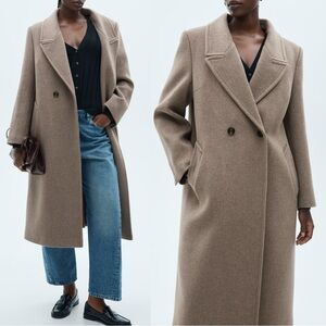 MANGO NWT Taupe Lapels Wool Trench Coat Neutral Oversized Long Wool Coat